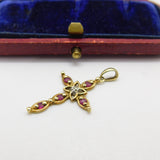 9ct Yellow Gold, Ruby & Diamond Cross Crucifix Pendant Vintage c1980