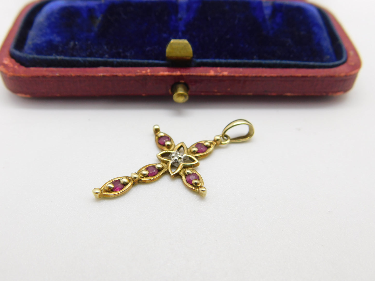 9ct Yellow Gold, Ruby & Diamond Cross Crucifix Pendant Vintage c1980