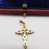9ct Yellow Gold, Ruby & Diamond Cross Crucifix Pendant Vintage c1980