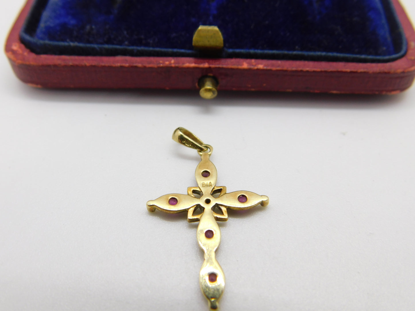 9ct Yellow Gold, Ruby & Diamond Cross Crucifix Pendant Vintage c1980