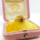 18ct Yellow Gold Textured Natural Ruby Set Floral Cluster Ring 1974 Birmingham