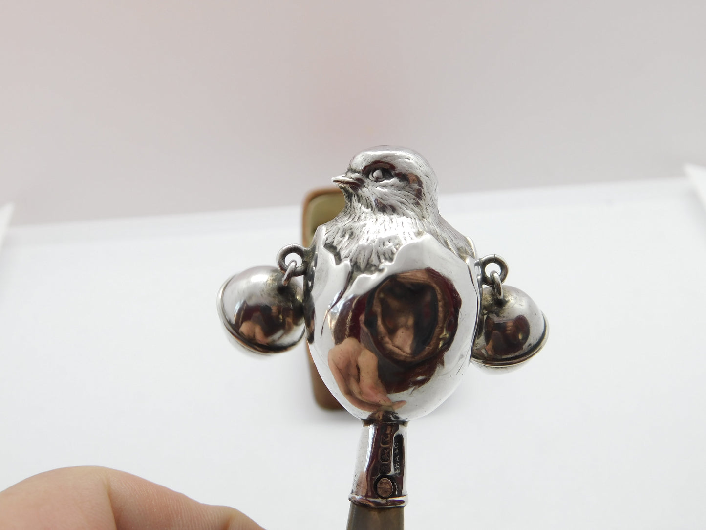 Sterling Silver Mother of Pearl Chick in Egg Baby Rattle & Teether 1922 Antique