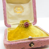 18ct Yellow Gold Textured Natural Ruby Set Floral Cluster Ring 1974 Birmingham