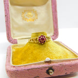 18ct Yellow Gold Textured Natural Ruby Set Floral Cluster Ring 1974 Birmingham