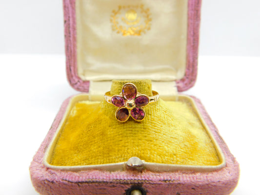 14ct Yellow Gold Almandine Garnet Floral Band Ring Antique c1920 Art Deco