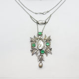 Art Nouveau Style Sterling Silver, Green Cabochon & Blistered Pearl Necklace