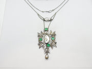 Art Nouveau Style Sterling Silver, Green Cabochon & Blistered Pearl Necklace