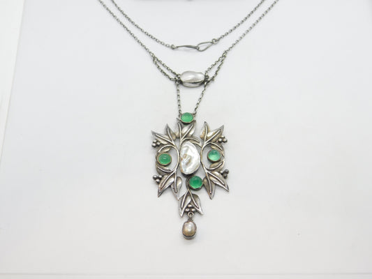 Art Nouveau Style Sterling Silver, Green Cabochon & Blistered Pearl Necklace