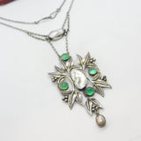 Art Nouveau Style Sterling Silver, Green Cabochon & Blistered Pearl Necklace