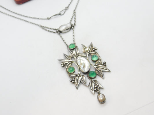 Art Nouveau Style Sterling Silver, Green Cabochon & Blistered Pearl Necklace