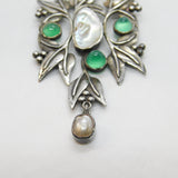 Art Nouveau Style Sterling Silver, Green Cabochon & Blistered Pearl Necklace