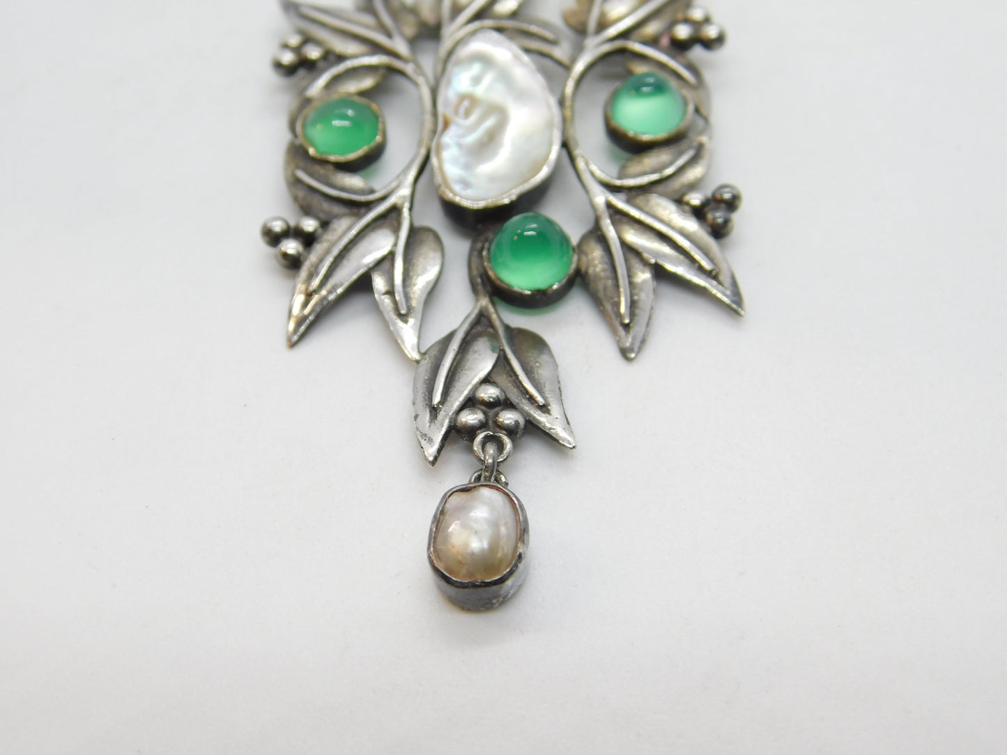 Art Nouveau Style Sterling Silver, Green Cabochon & Blistered Pearl Necklace