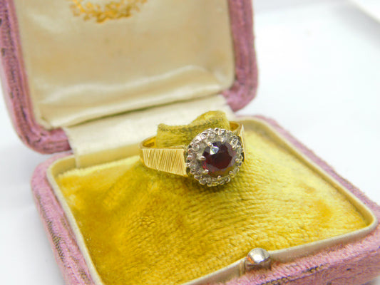 18ct Yellow Gold, Diamond Tourmaline Floral Cluster Ring 1973 Birmingham Vintage