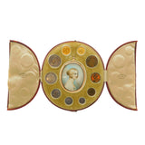 An antique oval portrait case with a hinged center panel holding a small painted portrait and surrounded by circular compartments containing coins or medallions, flanked by two fan-shaped inner panels, shown on a white background.