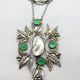 Art Nouveau Style Sterling Silver, Green Cabochon & Blistered Pearl Necklace