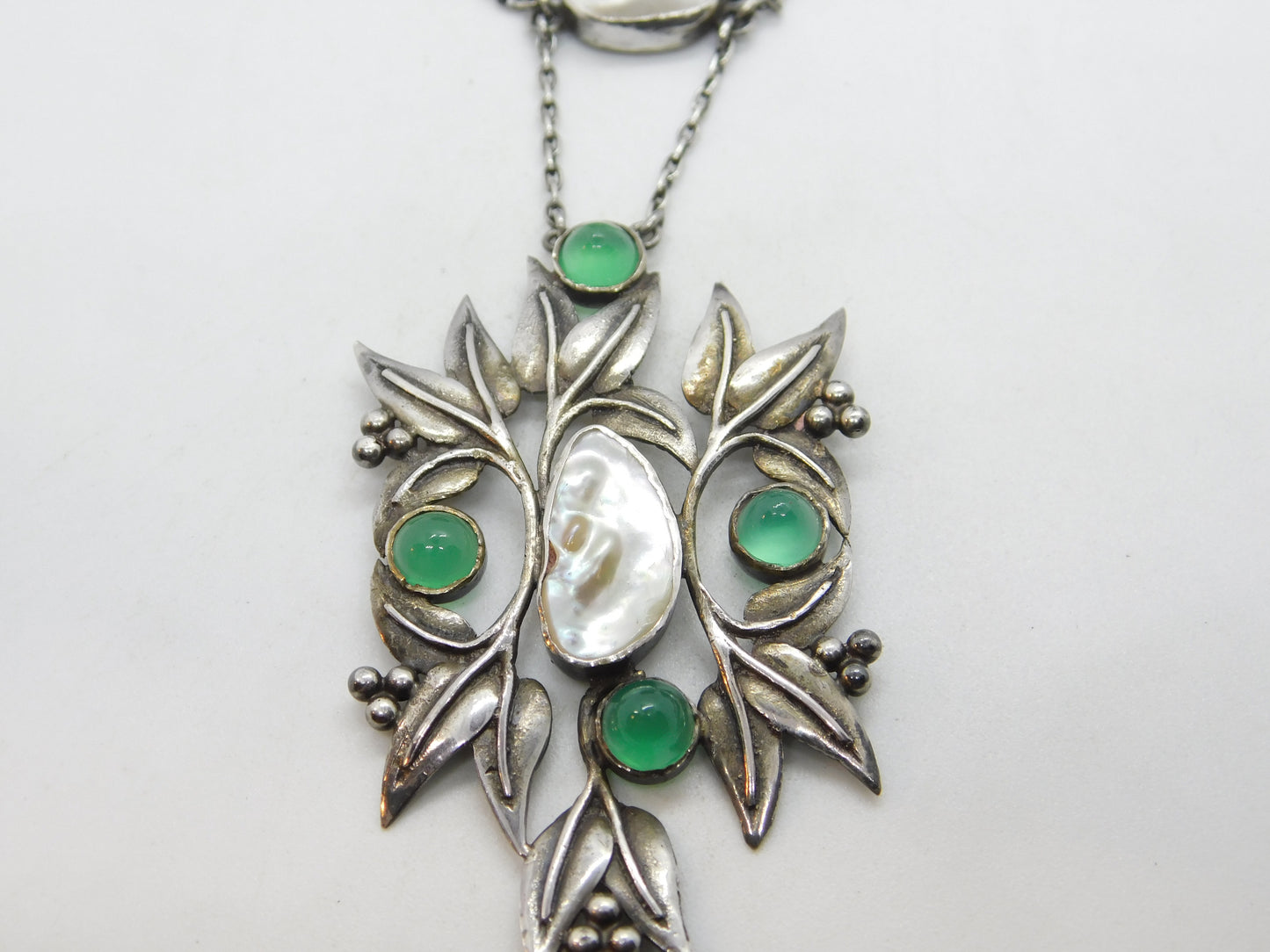 Art Nouveau Style Sterling Silver, Green Cabochon & Blistered Pearl Necklace