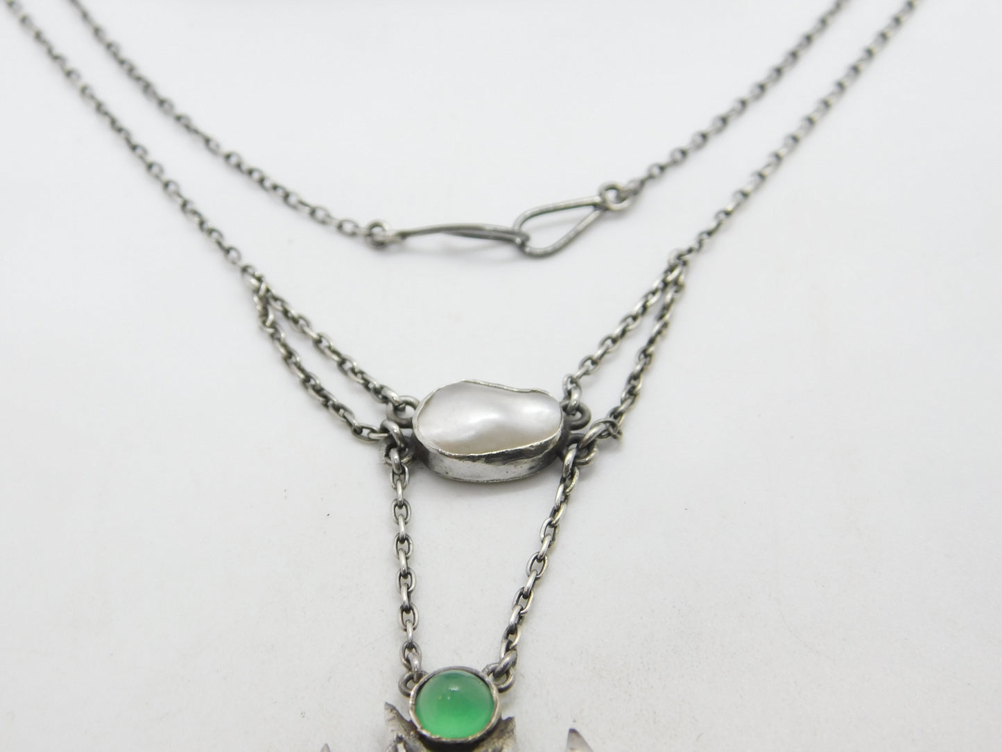 Art Nouveau Style Sterling Silver, Green Cabochon & Blistered Pearl Necklace