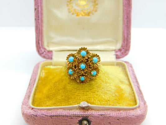 9ct Yellow Gold Turquoise Set Victorian Style Floral Ring 1971 London