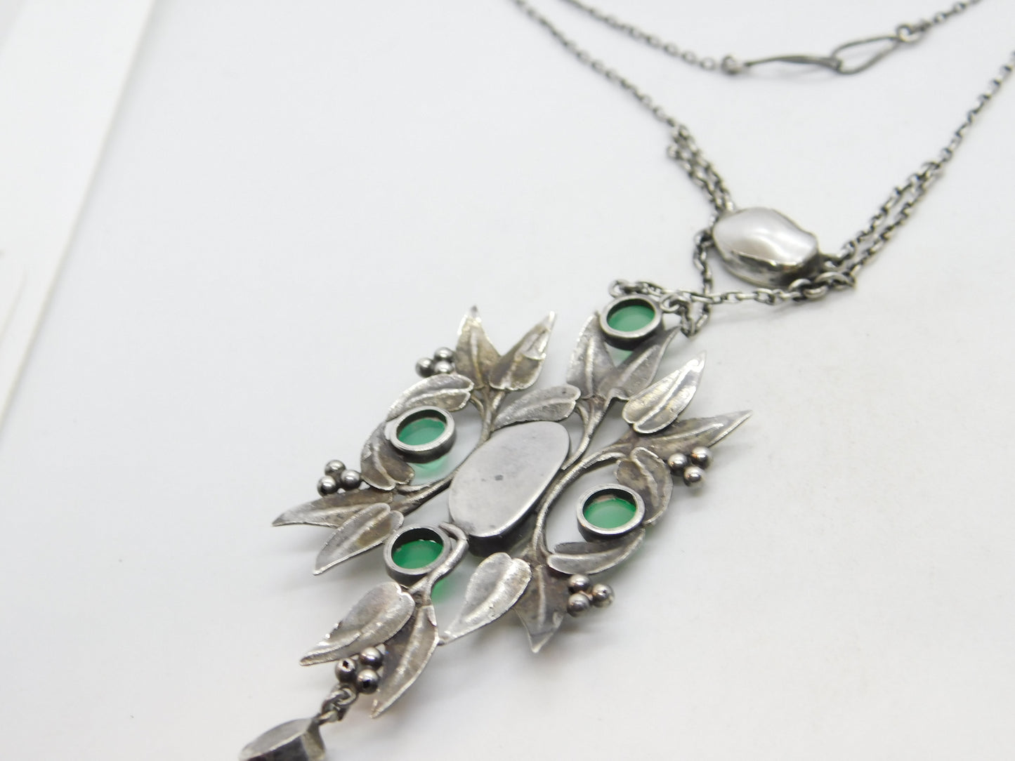 Art Nouveau Style Sterling Silver, Green Cabochon & Blistered Pearl Necklace