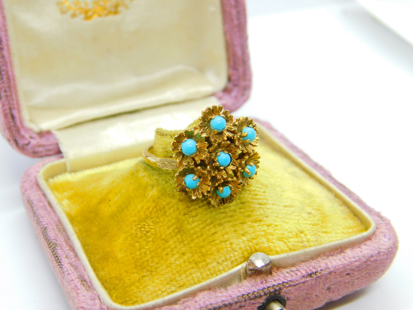 9ct Yellow Gold Turquoise Set Victorian Style Floral Ring 1971 London