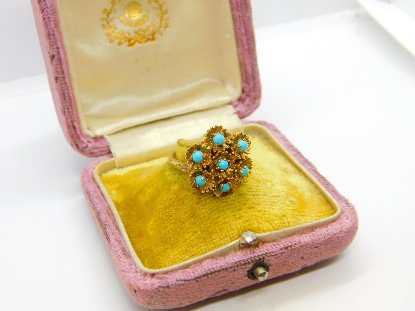 9ct Yellow Gold Turquoise Set Victorian Style Floral Ring 1971 London