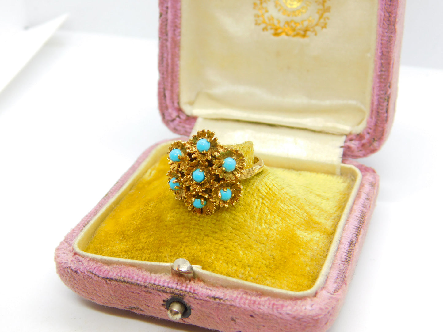 9ct Yellow Gold Turquoise Set Victorian Style Floral Ring 1971 London