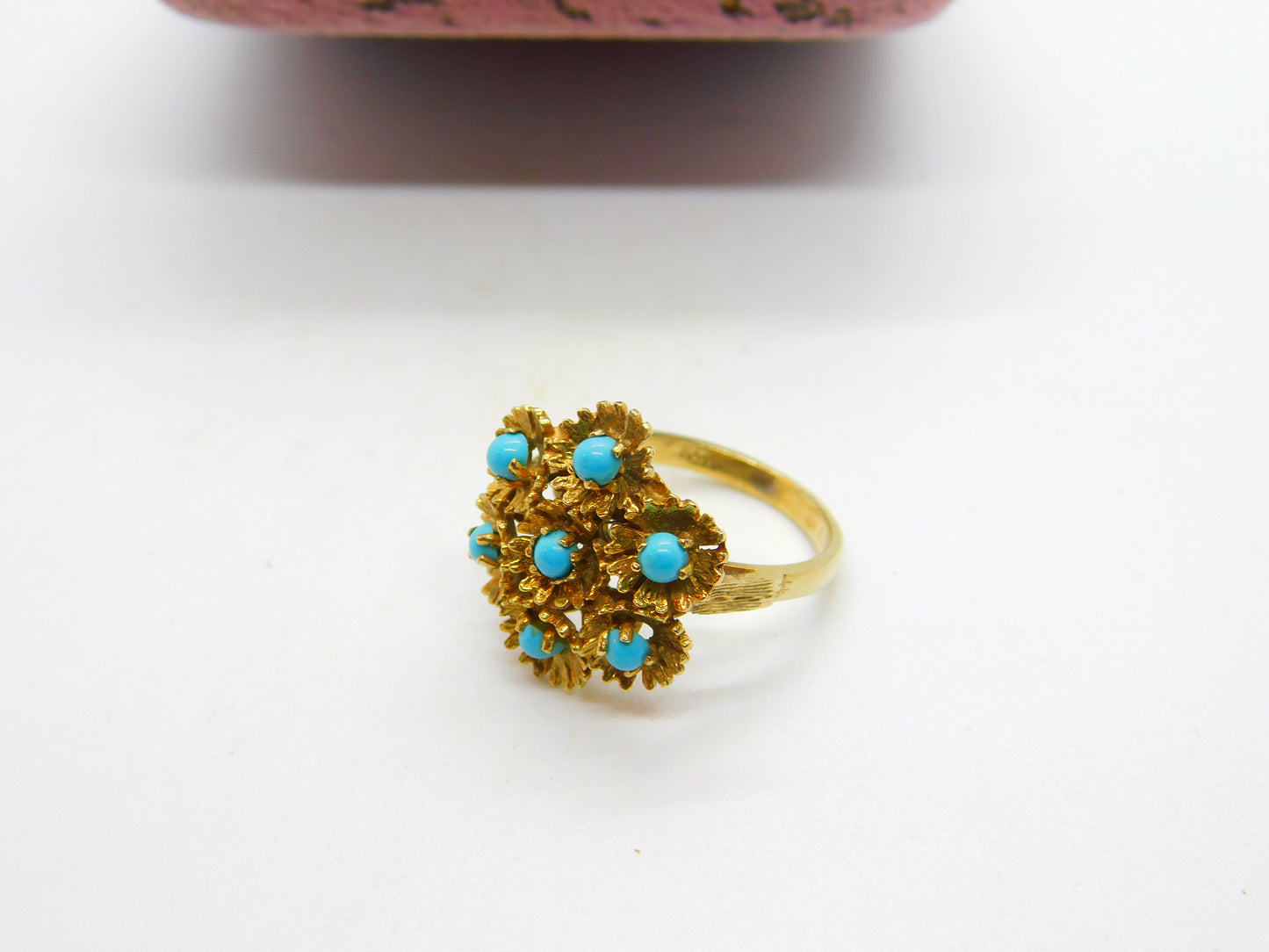 9ct Yellow Gold Turquoise Set Victorian Style Floral Ring 1971 London