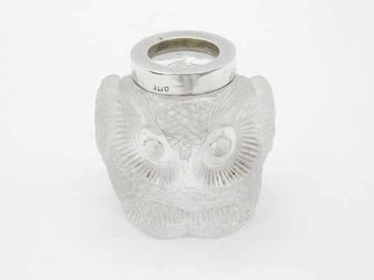 Edwardian Sterling Silver Rim & Cut Glass Owl Form Match Striker Antique 1903k