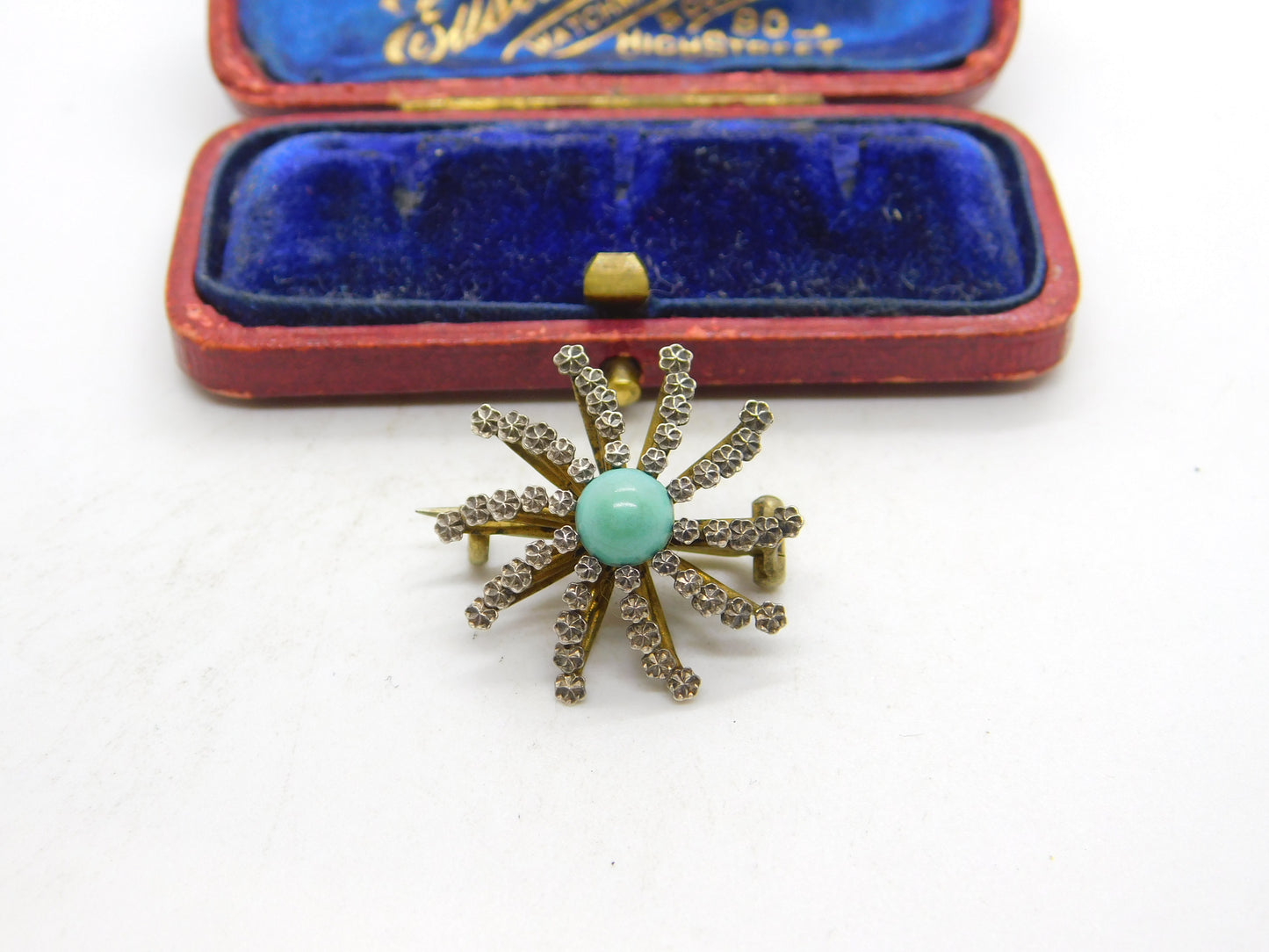 Victorian Sterling Silver Gilt, Pyrite & Turquoise Spray Brooch c1880 Antique