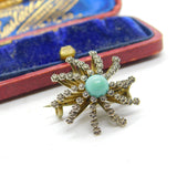 Victorian Sterling Silver Gilt, Pyrite & Turquoise Spray Brooch c1880 Antique