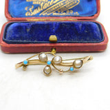 Edwardian 9ct Gold, Turquoise & Natural Pearl Shamrock Brooch 1902 Birmingham