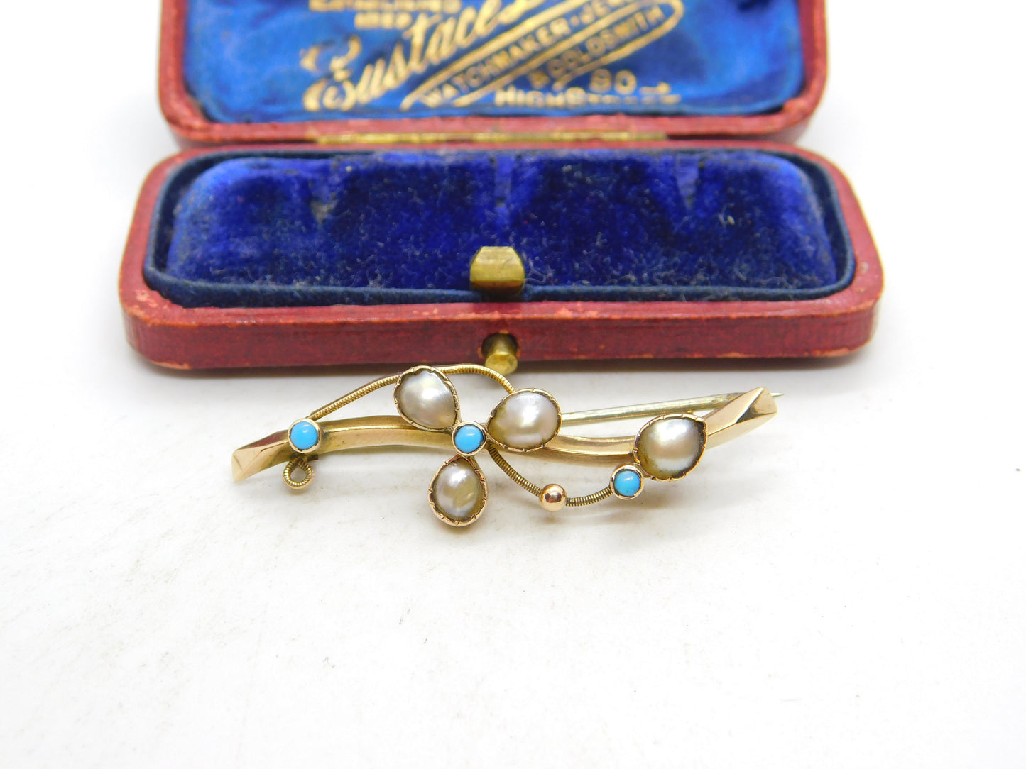 Edwardian 9ct Gold, Turquoise & Natural Pearl Shamrock Brooch 1902 Birmingham