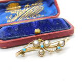 Edwardian 9ct Gold, Turquoise & Natural Pearl Shamrock Brooch 1902 Birmingham