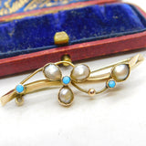 Edwardian 9ct Gold, Turquoise & Natural Pearl Shamrock Brooch 1902 Birmingham