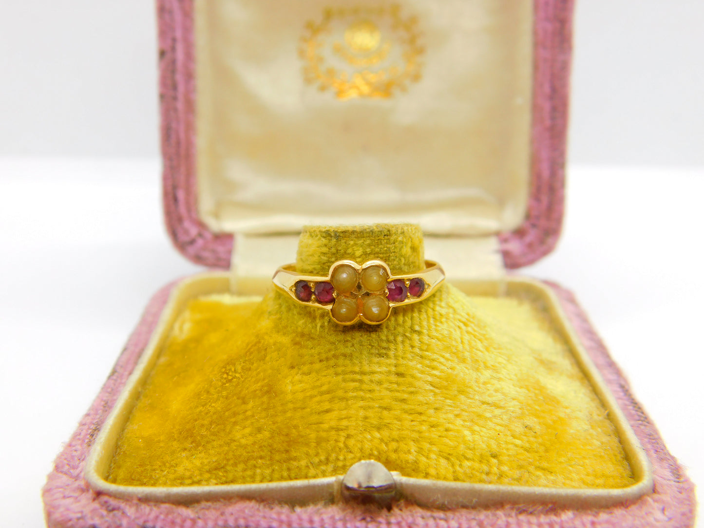 Victorian 18ct Yellow Gold, Seed Pearl & Ruby Floral Ring 1891 Birmingham