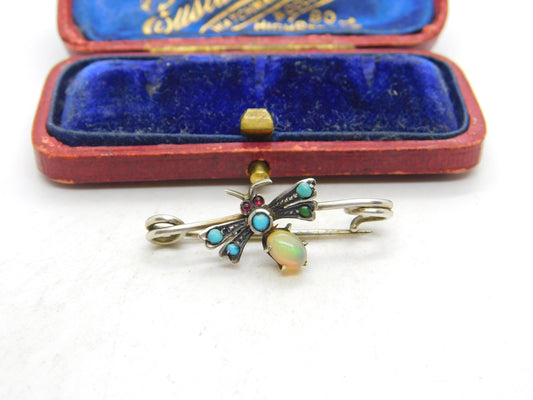 Victorian Sterling Silver, Opal, Turquoise & Garnet Insect Bug Brooch c1890