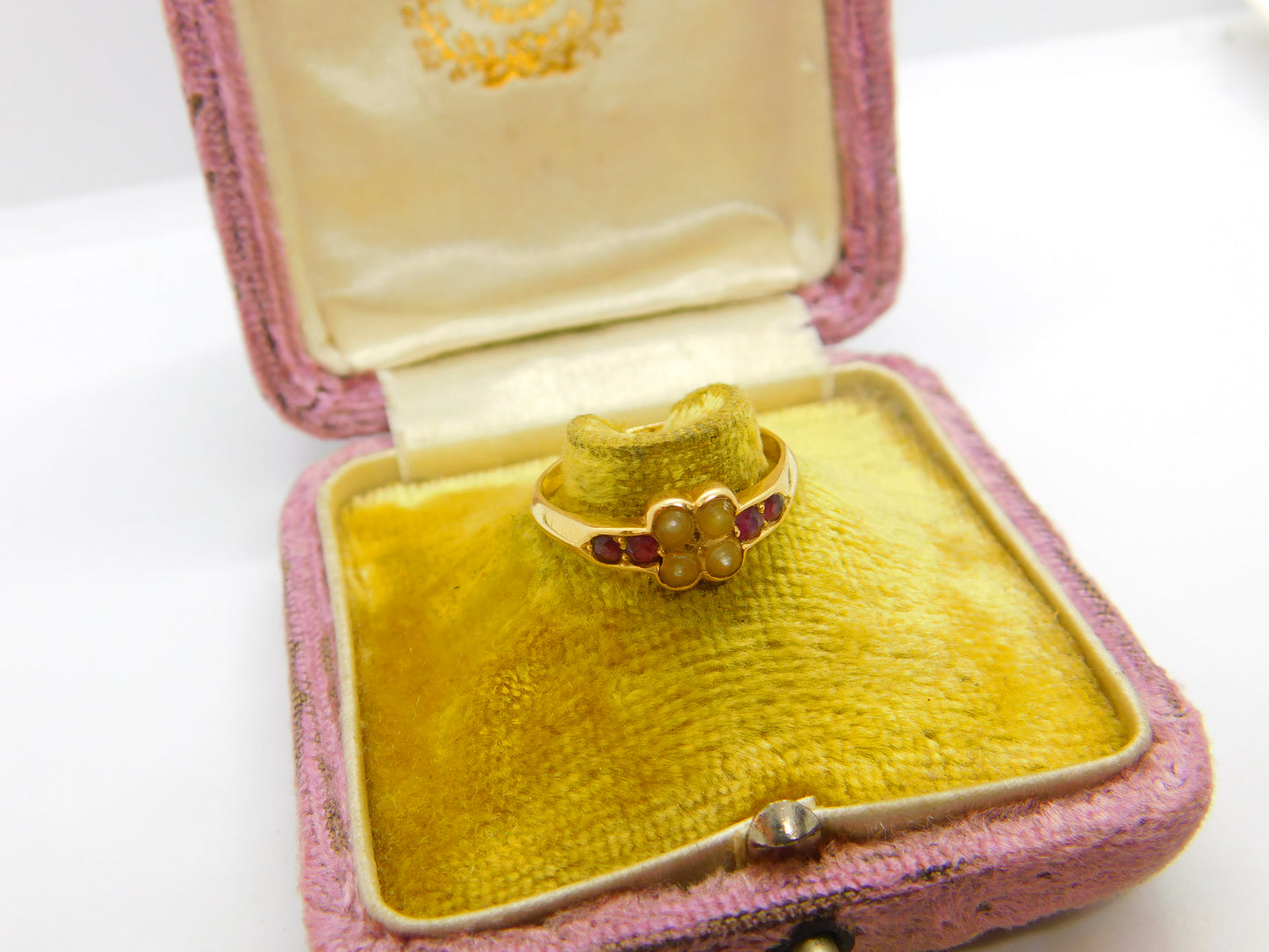 Victorian 18ct Yellow Gold, Seed Pearl & Ruby Floral Ring 1891 Birmingham