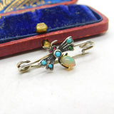 Victorian Sterling Silver, Opal, Turquoise & Garnet Insect Bug Brooch c1890