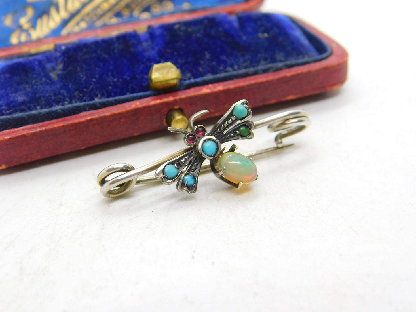 Victorian Sterling Silver, Opal, Turquoise & Garnet Insect Bug Brooch c1890