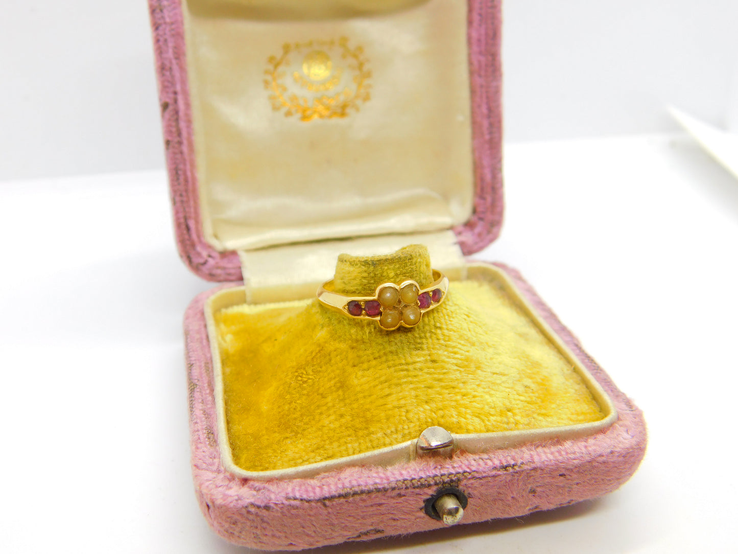 Victorian 18ct Yellow Gold, Seed Pearl & Ruby Floral Ring 1891 Birmingham