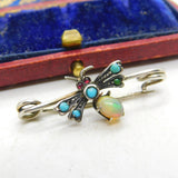 Victorian Sterling Silver, Opal, Turquoise & Garnet Insect Bug Brooch c1890