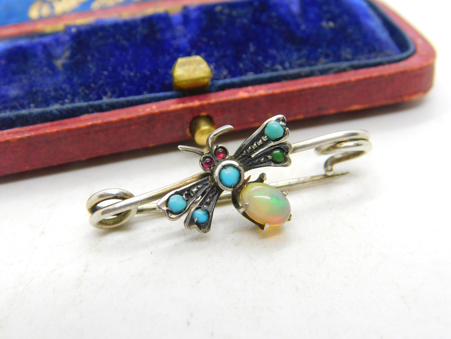 Victorian Sterling Silver, Opal, Turquoise & Garnet Insect Bug Brooch c1890