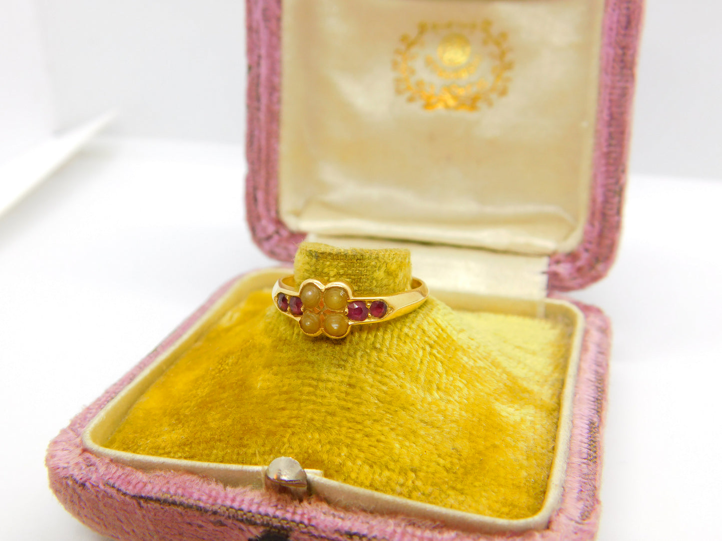 Victorian 18ct Yellow Gold, Seed Pearl & Ruby Floral Ring 1891 Birmingham