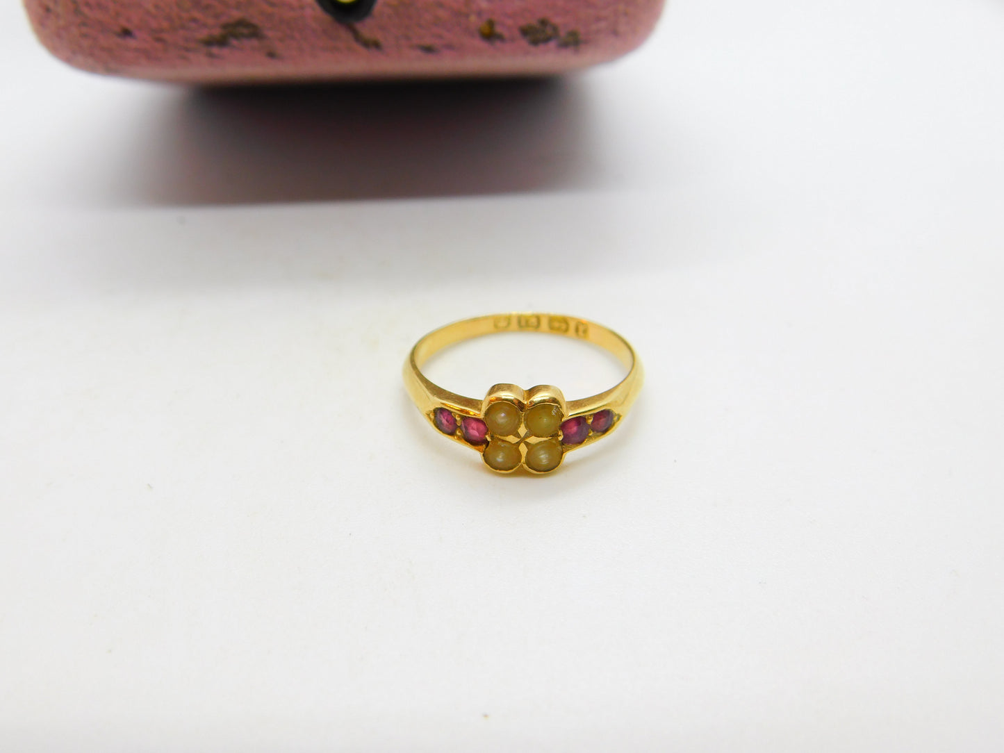 Victorian 18ct Yellow Gold, Seed Pearl & Ruby Floral Ring 1891 Birmingham