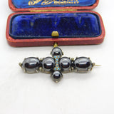 Victorian Sterling Silver Cabochon Haematite & Turquoise Cross Brooch c1890