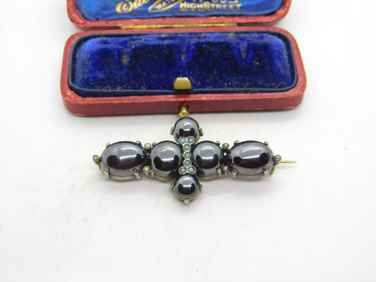 Victorian Sterling Silver Cabochon Haematite & Turquoise Cross Brooch c1890