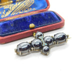 Victorian Sterling Silver Cabochon Haematite & Turquoise Cross Brooch c1890