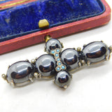 Victorian Sterling Silver Cabochon Haematite & Turquoise Cross Brooch c1890