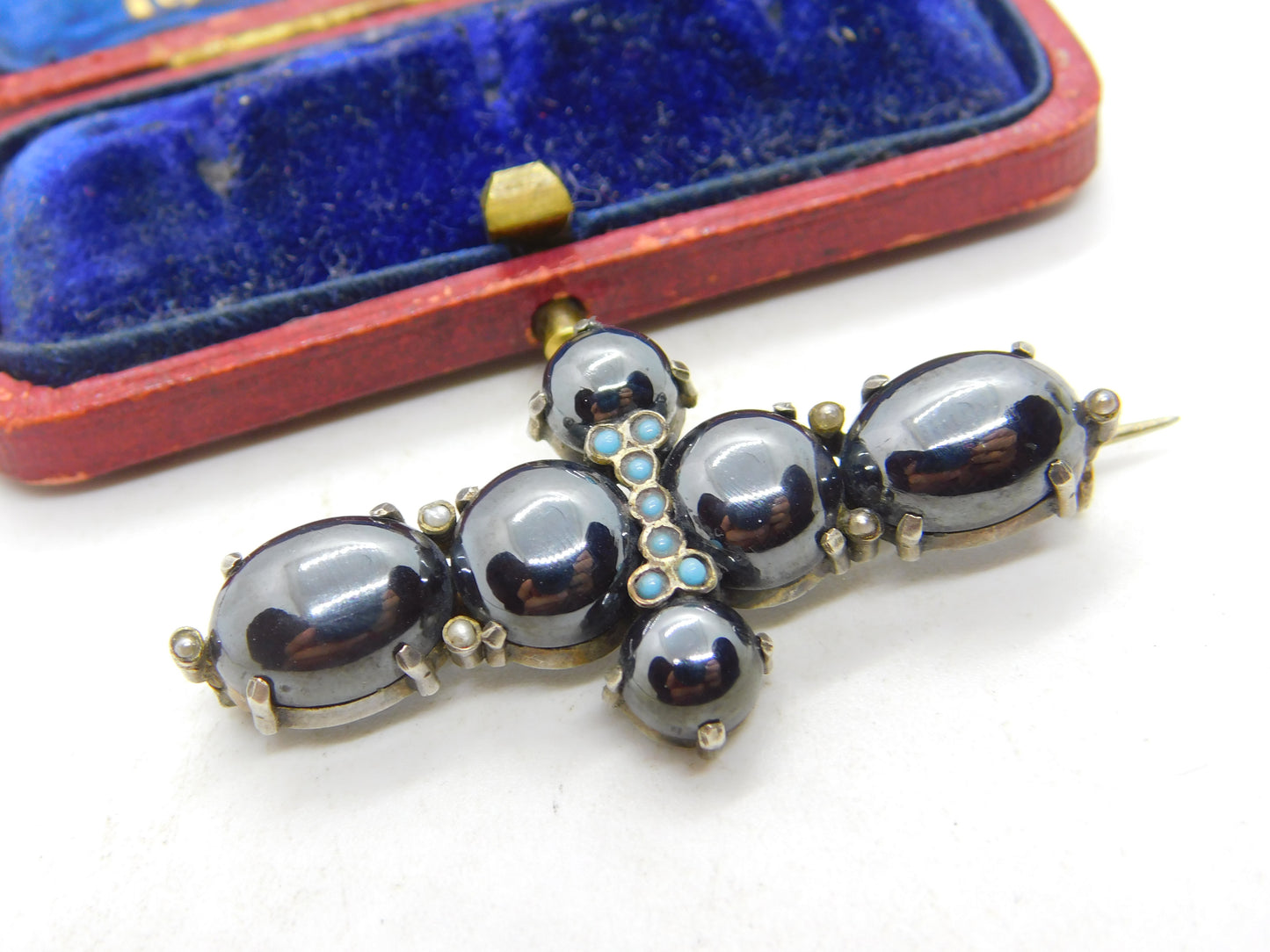 Victorian Sterling Silver Cabochon Haematite & Turquoise Cross Brooch c1890