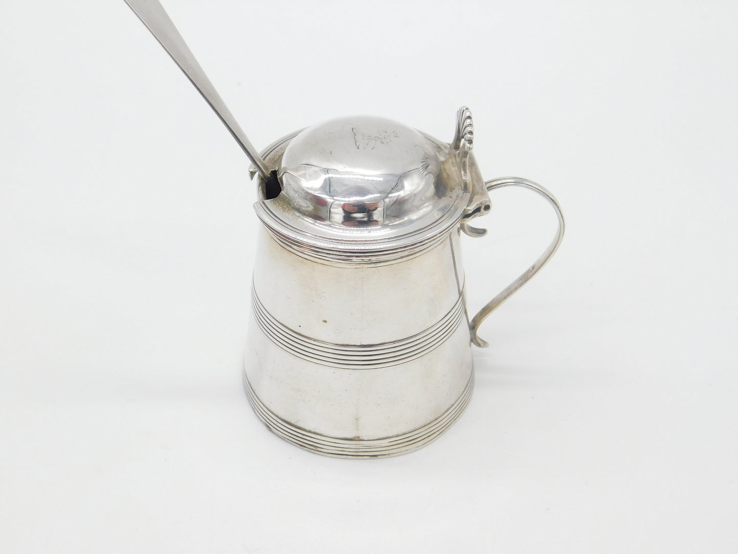 Georgian Sterling Silver Barrel Form Mustard Pot Antique 1788 London Crested